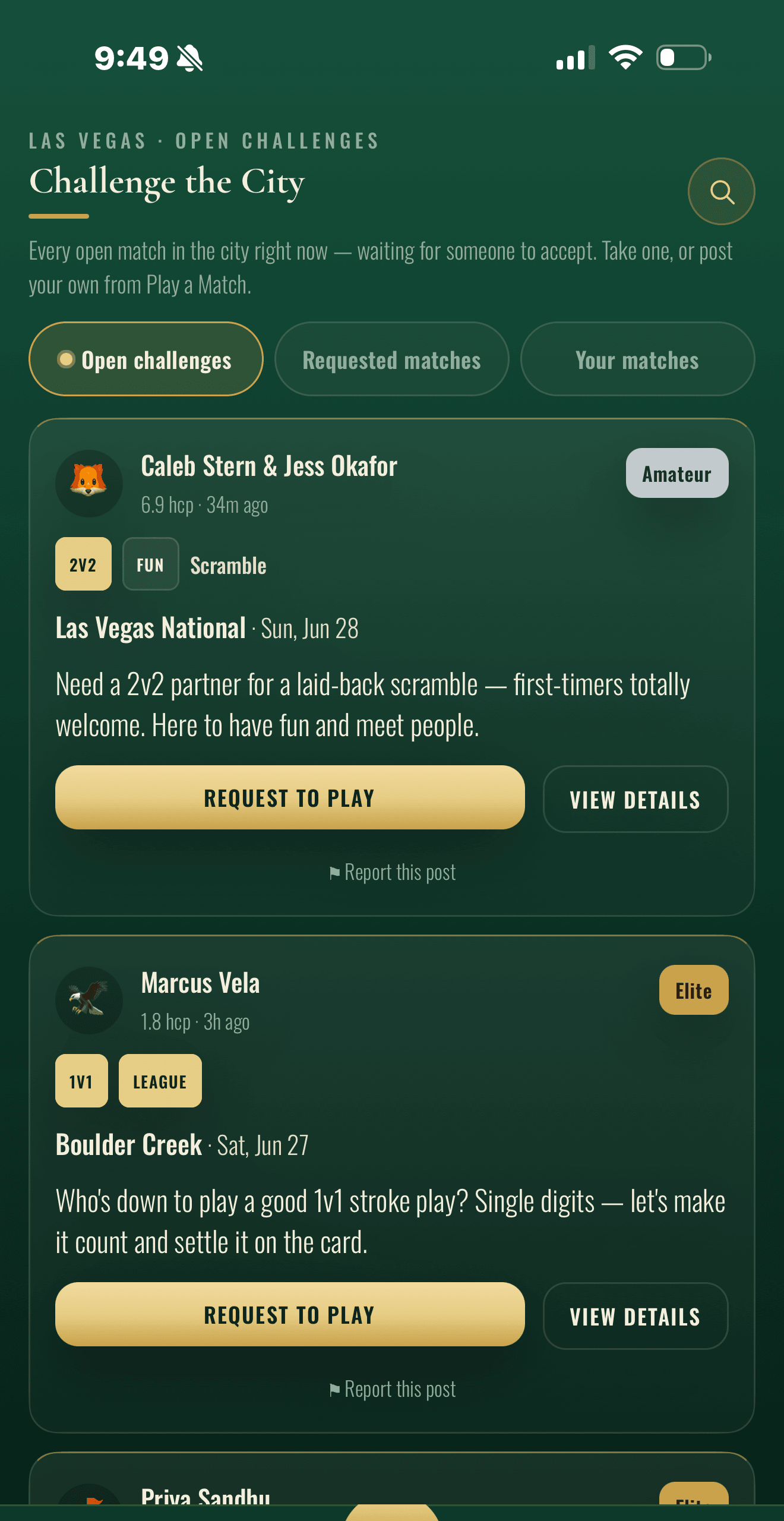 The Golfers App — open challenges feed